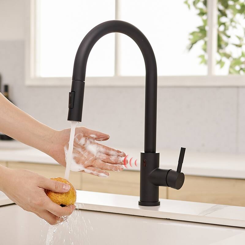 Black Pull Out Touchless Kitchen Faucet with Deck Plate - Black