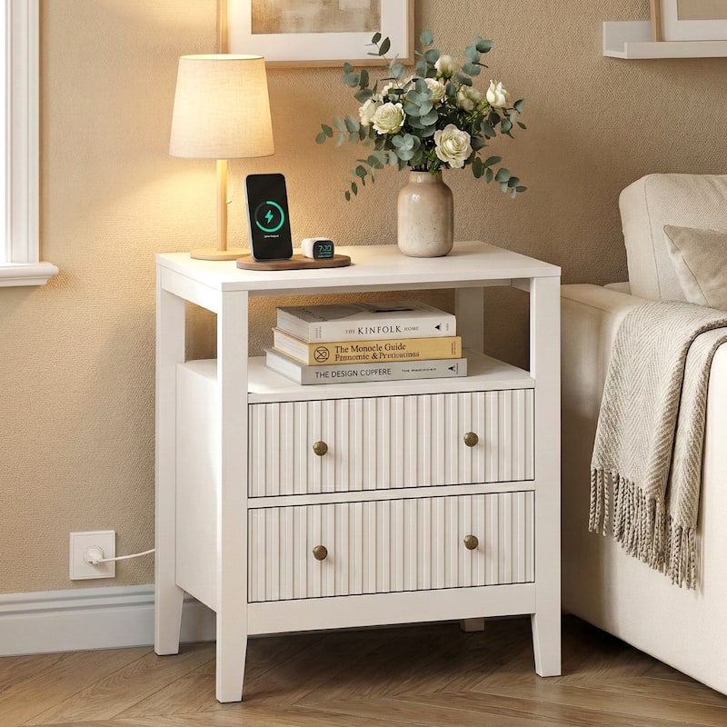 Fluted Nightstand with Charging Station