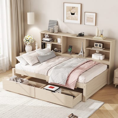 Twin Size Platform Bed with Built-in Bookcase, Adjustable Shelves, USB Charging Station, 2 Storage Drawers