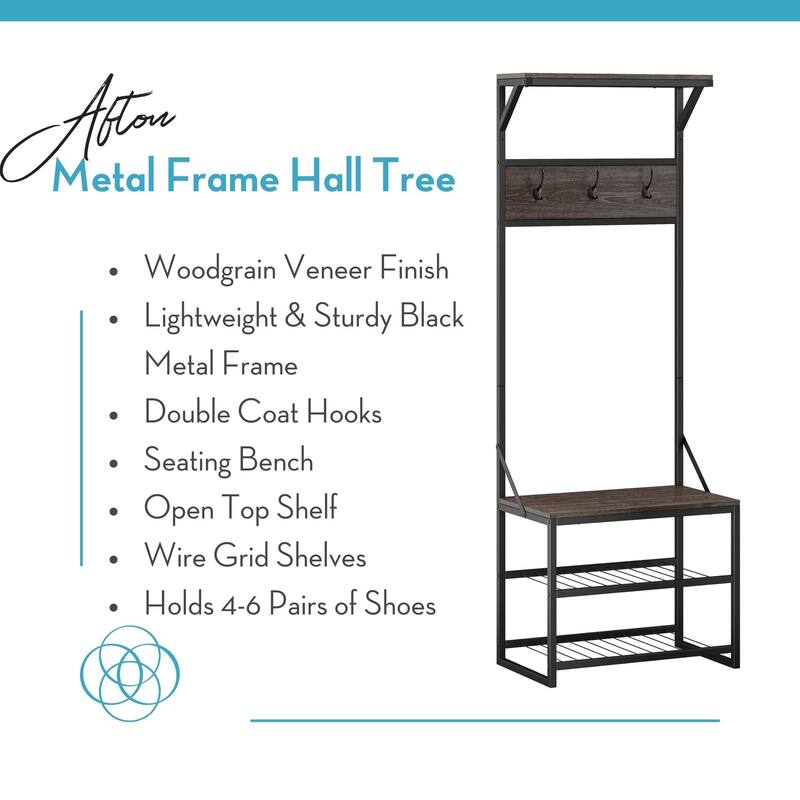 RiverRidge Afton Hall Tree Shoe Storage Organizer Cabinet, Hooks and Entryway Bench - Weathered Woodgrain and Metal Frame
