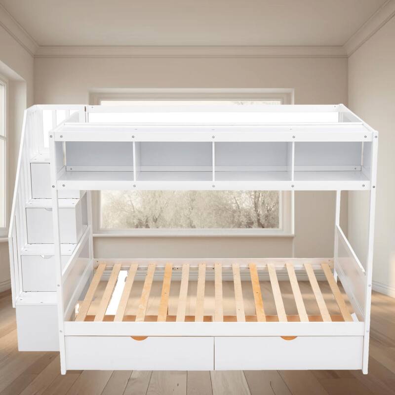 Twin over Full Size Bunk Platform Bed Frame with Storage Staircase, 2 Drawers and Shelves for Maximized Space, Bedrooms - White - Full