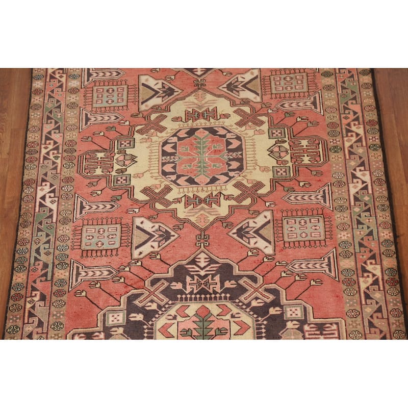 Pink Geometric Meshkin Persian Vintage Area Rug Handmade Wool Carpet - 4'11"x 9'10"