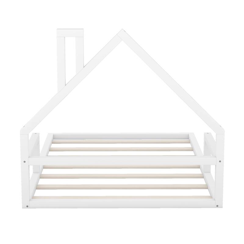 Full Size House Headboard Floor Bed, No Box Spring Needed, Durable Wood Frame