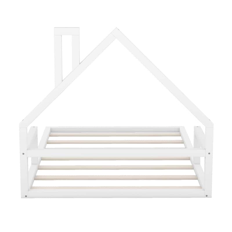 Full Size Wood Floor Bed with House-shaped Headboard