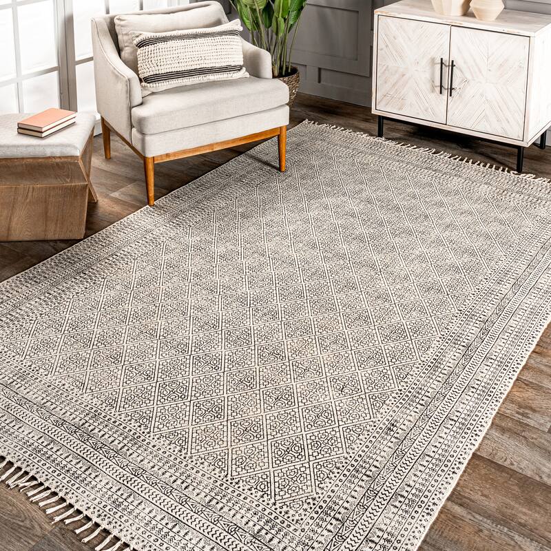 Nuloom Geometric Ivory Flatweave Sparkling Cotton Fringe Area Rug