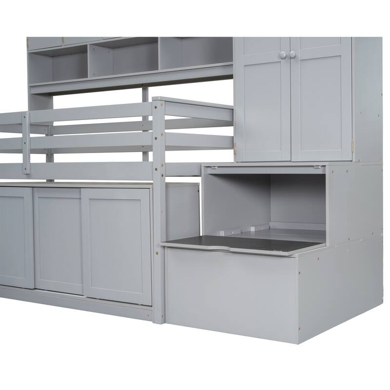 Gray Twin Size Wooden Loft Bed with Integrated Wardrobe, Under-bed Desk, Drawers, with Shelves