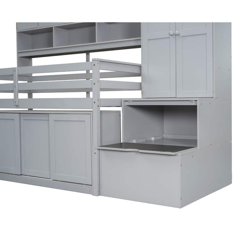 Wooden Loft Bed with Integrated Wardrobe, Under-bed Desk, Drawers, with Shelves