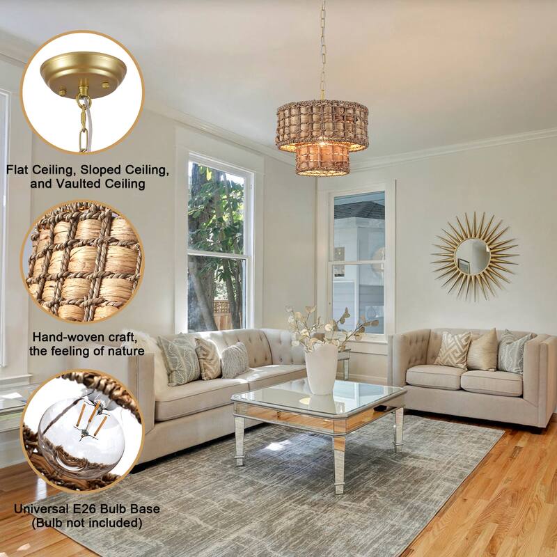 1-Light Farmhouse 2-Tier Metal Hanging Pendant Light Kitchen Island with Rattan Cover for Dining Room