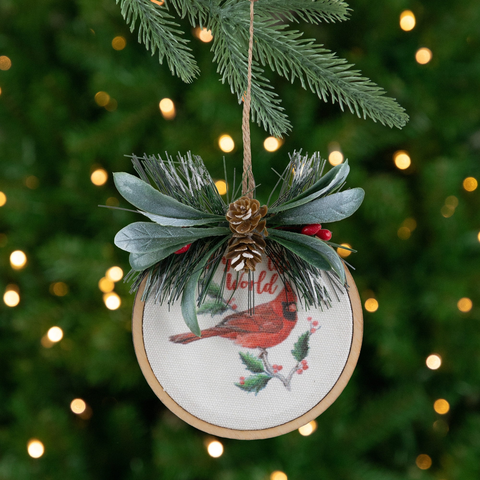 Cardinal Pinecone "Joy To The World" Pine Disc Ornament 5.25"