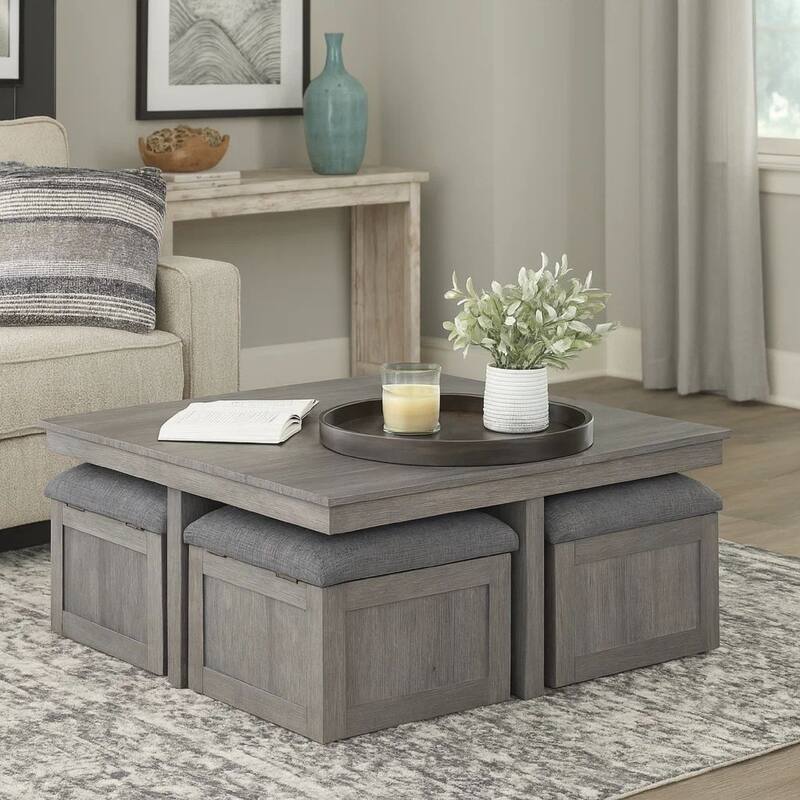 Mizo 5 Piece Coffee Table Set, 4 Nesting Storage Ottoman, Gray Finish