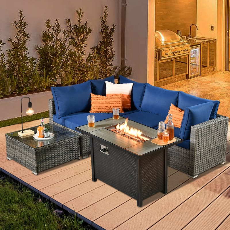 HOOOWOOO 6-piece Patio Rattan Sectional Set with Fire Pit Table - Navy Blue