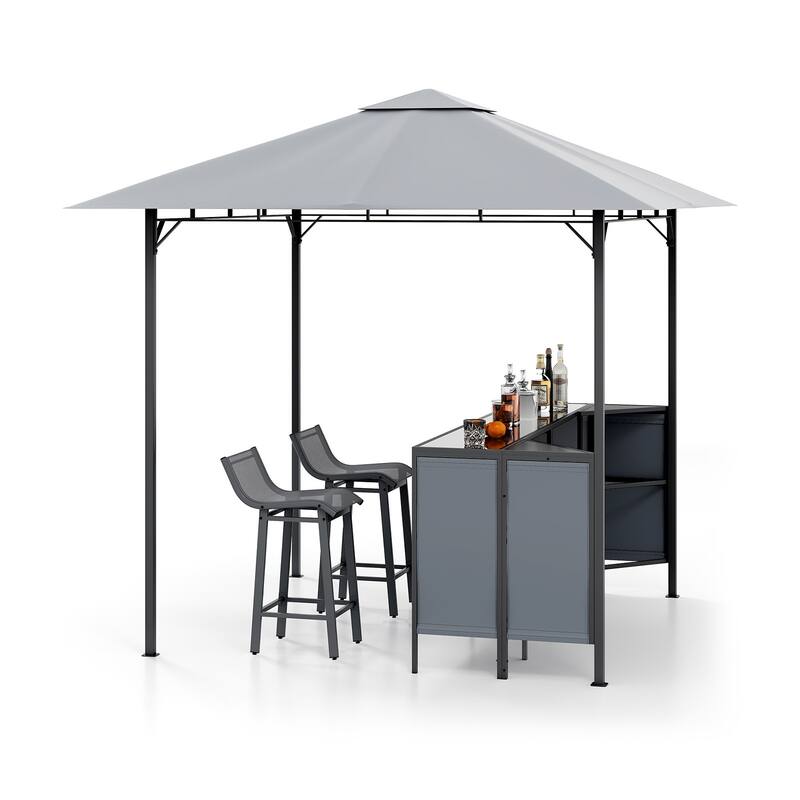 Outdoor 3 Piece Bar Set with Grill Gazebo and 2 Bar Stools Double Tier Canopy and Storage Shelf - 8 x 8 x 8 ft