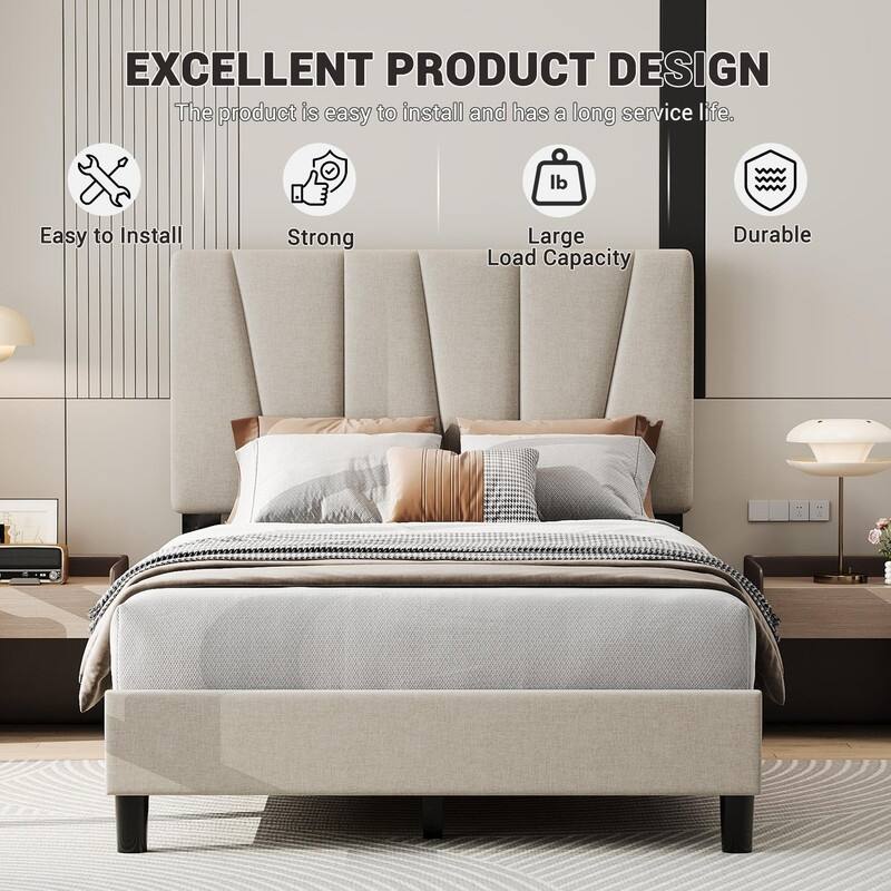 Upholstered Platform Bed with Adjustable Headboard and Slat Support