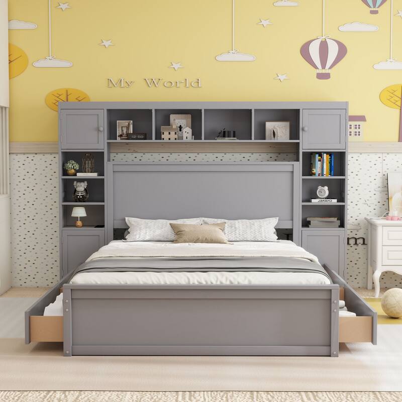 Modern Platform Bed with Integrated Cabinet, Trundle Bed and Drawers