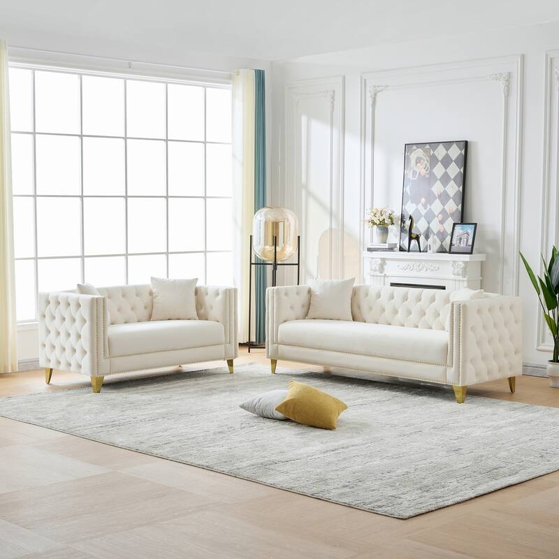 Roomfitters 80" and 58" Modern Tuxedo Sofa and Loveseat Set, Buttoned Back Couch with Gold Legs and Nailhead Trim - Beige