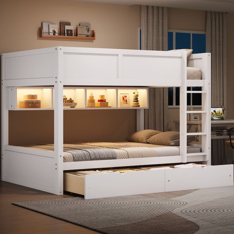 Wooden Full XL Over Full XL Bunk Bed with Storage Cabinets Built-in LED Lighting and 2 Pull-out Storage Drawers - White - Full
