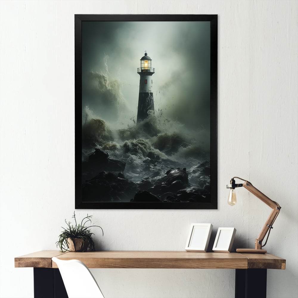 Designart "Lighthouse Battling The Stormy Waves I" Factories Framed Canvas Art Print