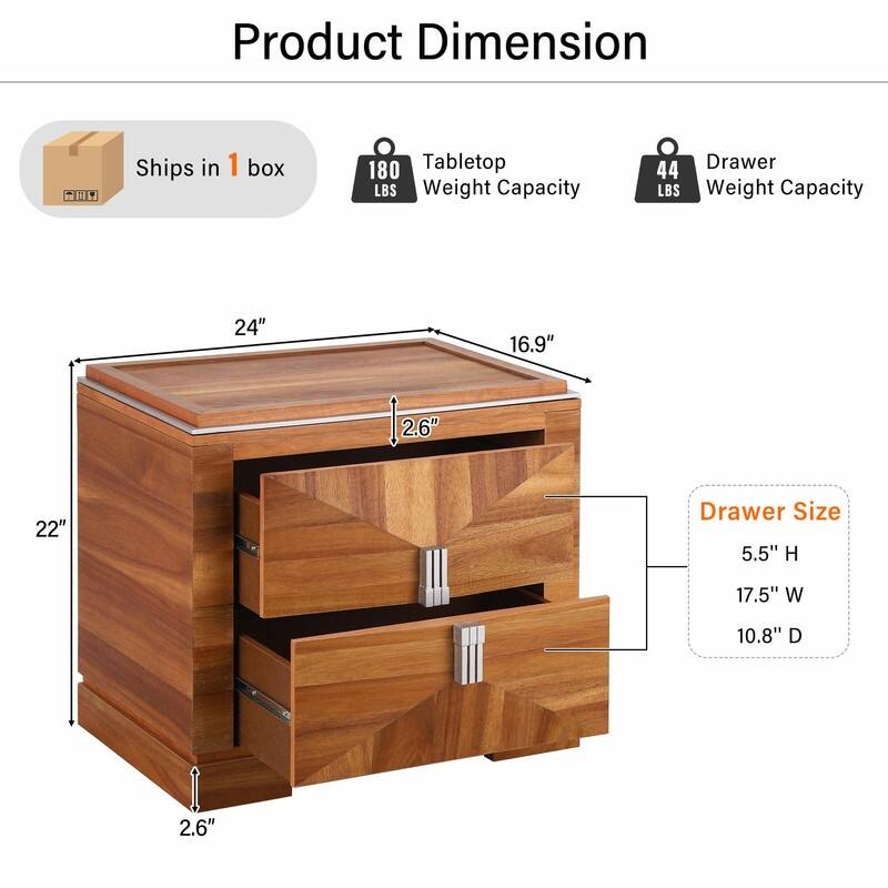 Mid-Century Modern Nightstand with 2 Drawers - Wide Wood End Table with Diamond Design and Heavy-Duty Base