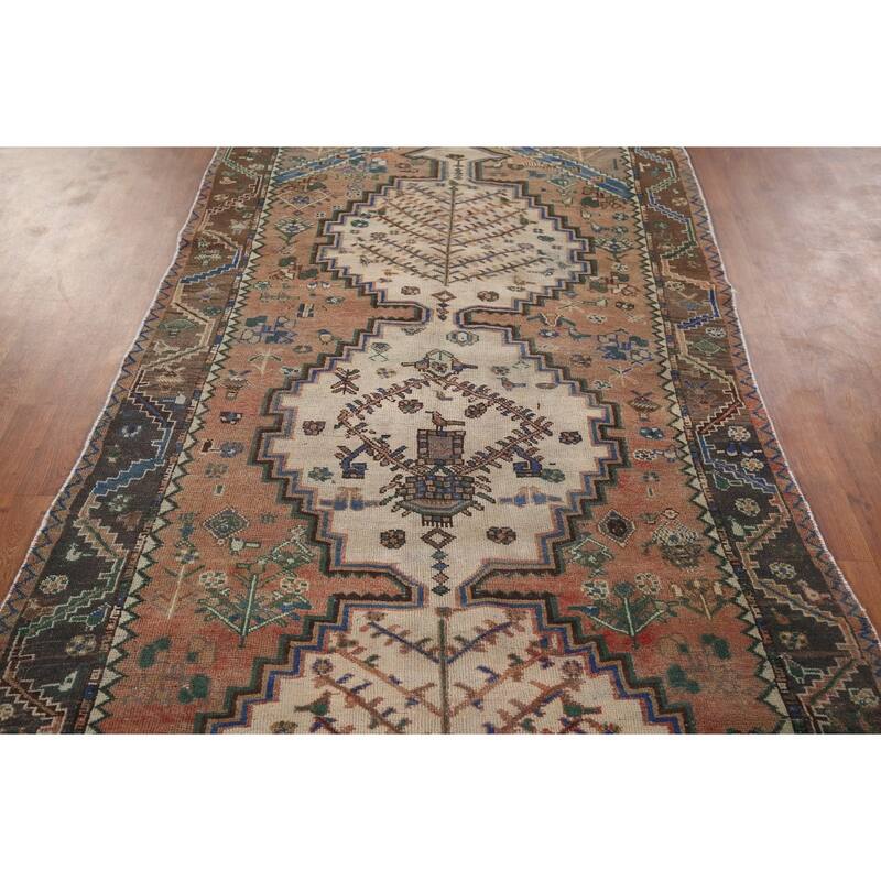 Geometric Orange Bakhtiari Persian Vintage Rug Hand-Knotted Wool Carpet - 4'9" x 9'10"