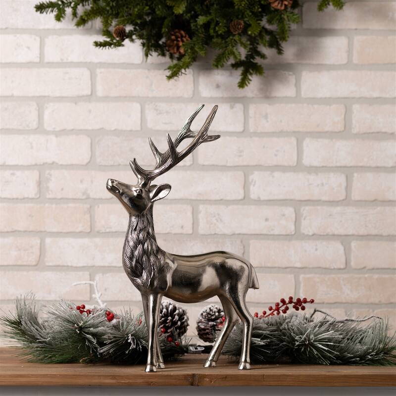 Rustic Grey Reindeer Statue 17.5 Inch Aluminum Holiday Decor for Mantle and Tabletop Display - 10.5”L x 4.5”W x 17.5”H