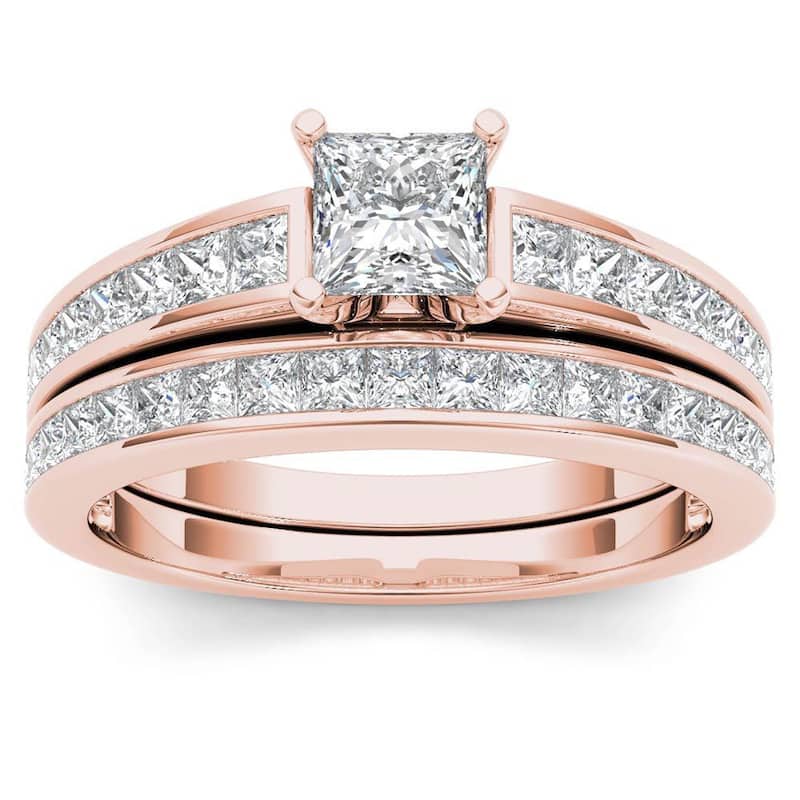 IGI Certified 1ct TDW Princess Cut Diamond Bridal Set in 14K Rose Gold for Women