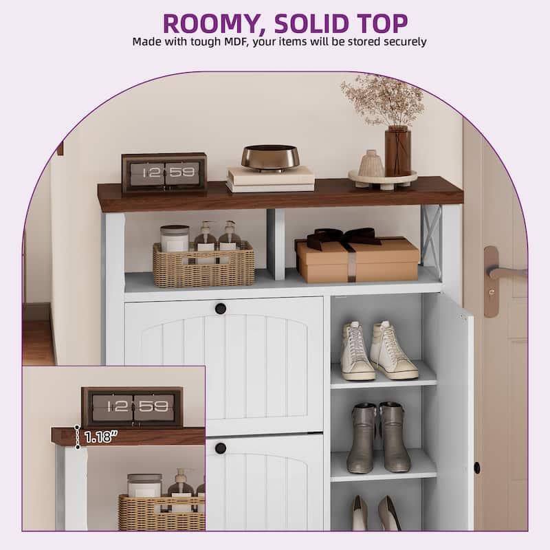 Moasis Farmhouse Rattan Shoe Cabinet with 2 Flip Drawers and Door
