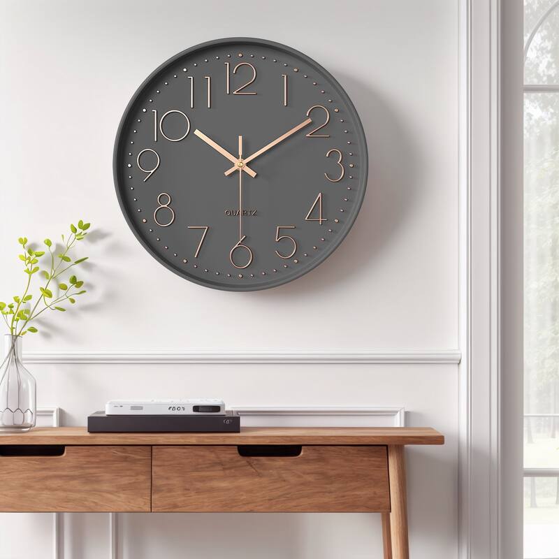 Simple Wall Clock, Big Number, Silent Non-Ticking Modern Battery Operated, Classic Analog Clocks Decorative 12x12x1.8 Inch - Grey