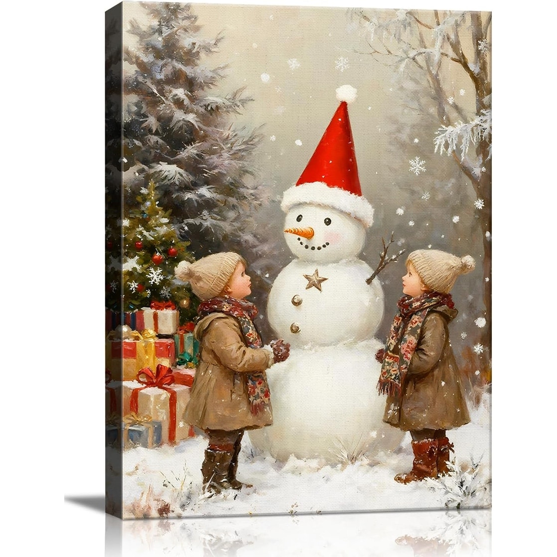 Vintage Snowman with Children Christmas Canvas Wall Art
