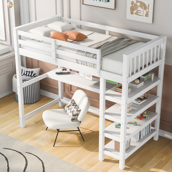 slide 2 of 45, Twin Size Loft Bed with Storage Shelves and Under-Bed Desk White