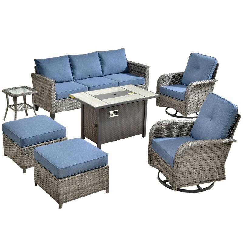 HOOOWOOO 7-piece Wicker Rattan Patio Furniture Set with Fire Pit Table