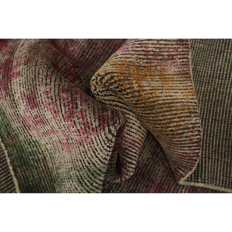Hand Knotted Oriental Viscose Silk Carpet Modern Abstract Pink Abstract Area Rug - 8' 7'' X 6' 10''
