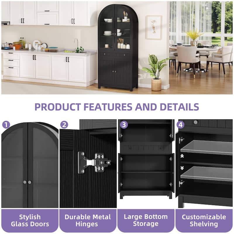 71 Inch Tall Farmhouse Arched Pantry Cabinet with Large Drawers and Adjustable Shelves for Kitchen Storage Organization