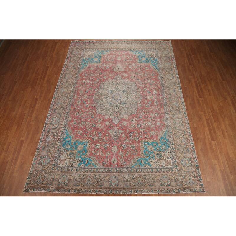 Hand Knotted Oriental 100% Wool Carpet Traditional Floral Pink Mashad Area Rug - 12' 9'' X 9' 4''