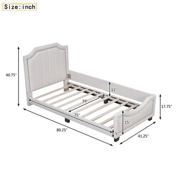 Beige Linen Twin Upholstered Bed, Nailhead Trim, Unilateral Guardrail, Sturdy Frame