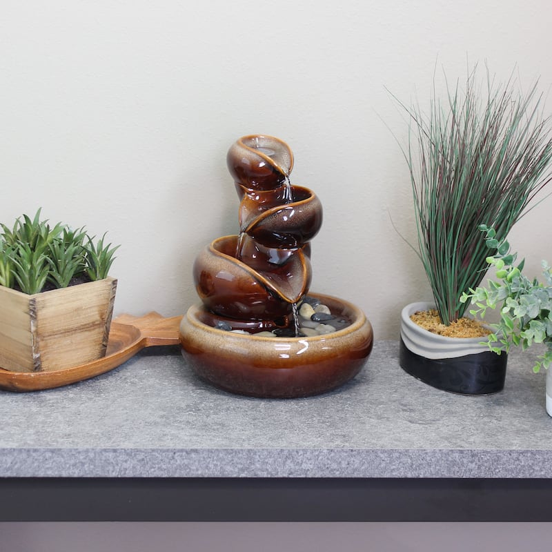Sunnydaze Tiered Vessels Indoor Ceramic Tabletop Water Fountain - 10-Inch - Brown
