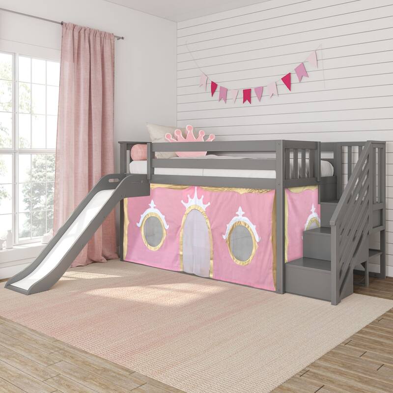 Max and Lily Classic Low Bunk with Stairs, Easy Slide and Curtain