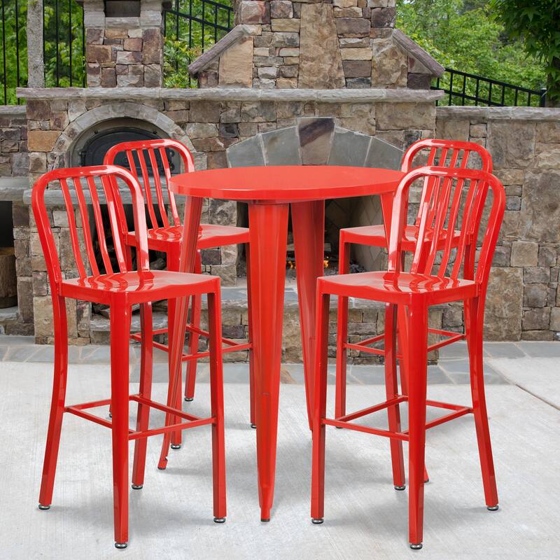 30'' Round Metal Indoor-Outdoor Bar Table Set with 4 Vertical Slat Back Stools - 30"W x 30"D x 41"H - 30"W x 30"D x 41"H - Red