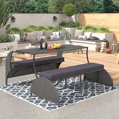 Outdoor Convertible Rattan Loveseat Conversation Sofa Set with Dining Function