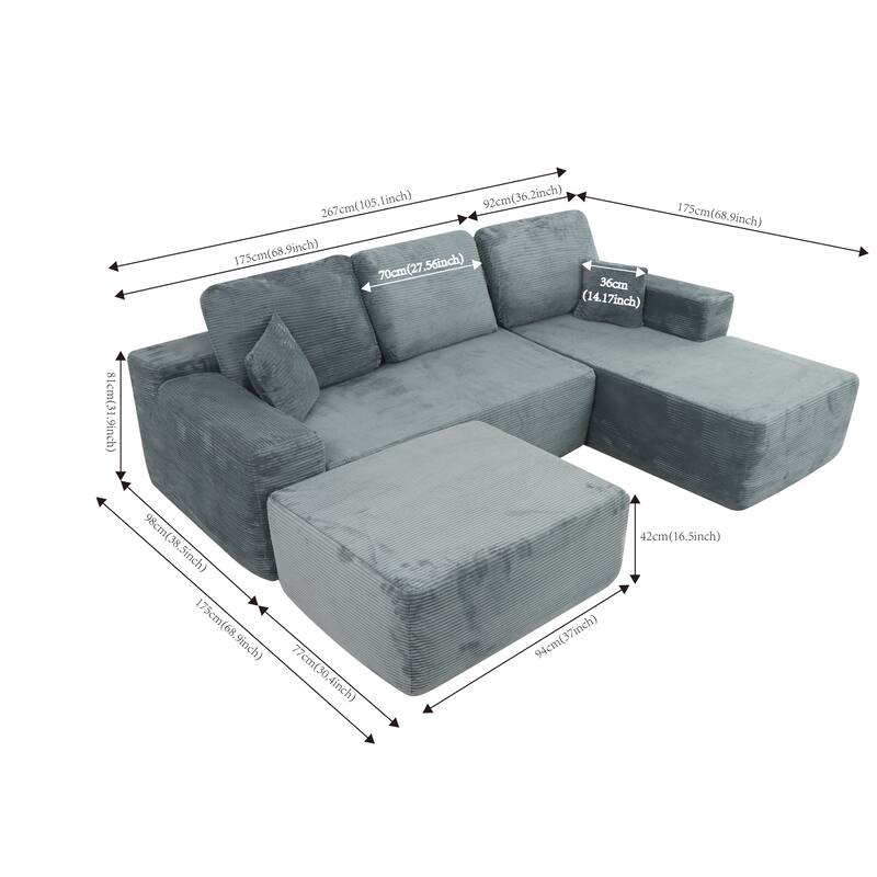 105.1" Cloud Modular Sectional Sofa with U-Shaped Chaise, Deep Seat Corduroy Upholstered Couch, No Assembly Required