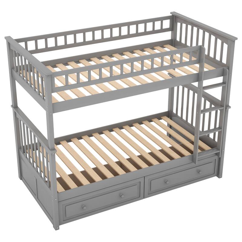 Solid Wood Twin Bunk Bed with Convertible Design, Drawers, and Fence Guardrails for Safe Sleeping