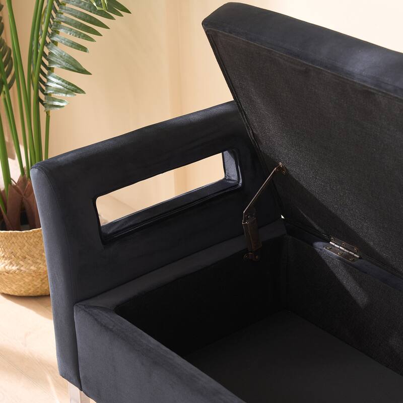 Storage Bench with Armrests, Velvet Upholstered End of Bed Bench, Entryway Bench with Hidden Storage Compartment