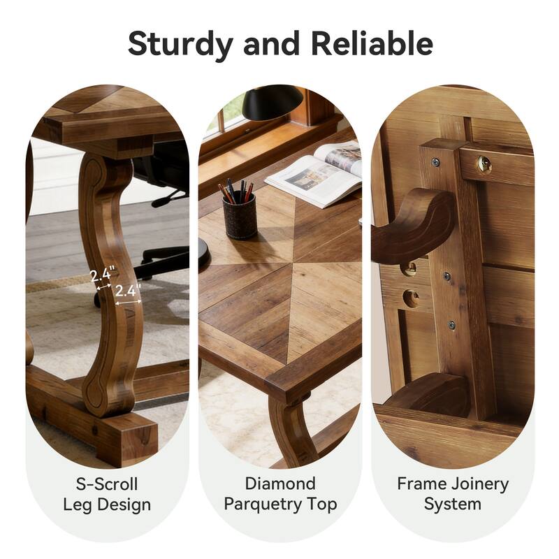 63" Solid Wood Office Executive Desk with Diamond Parquetry Top and Scroll Legs