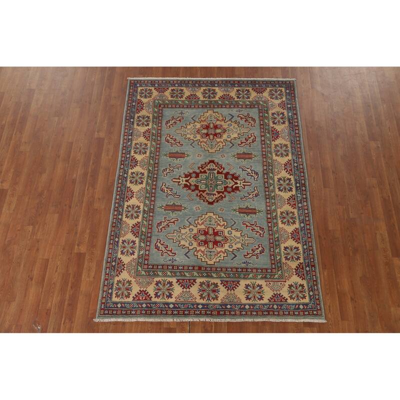 Light Blue Geometric Kazak Area Rug Handmade Wool Carpet - 4'11" x 6'10"