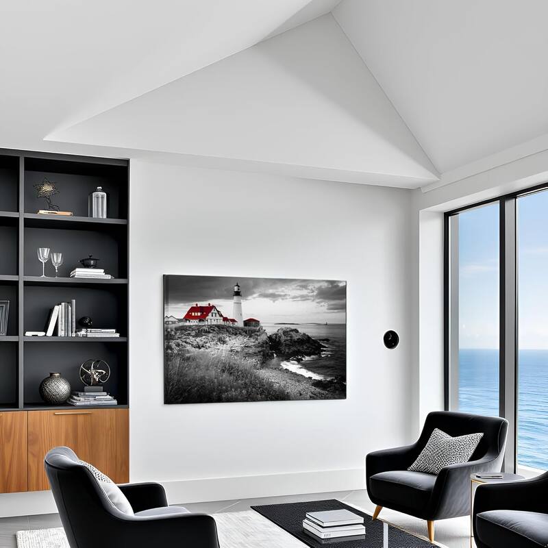 Black and White Red Wall Art Portland Lighthouse Landscape