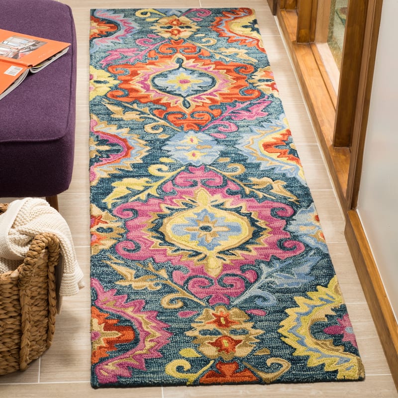 SAFAVIEH Handmade Suzani Franya Boho Tribal Wool Rug - 2'3" x 8' Runner - Blue/Multi