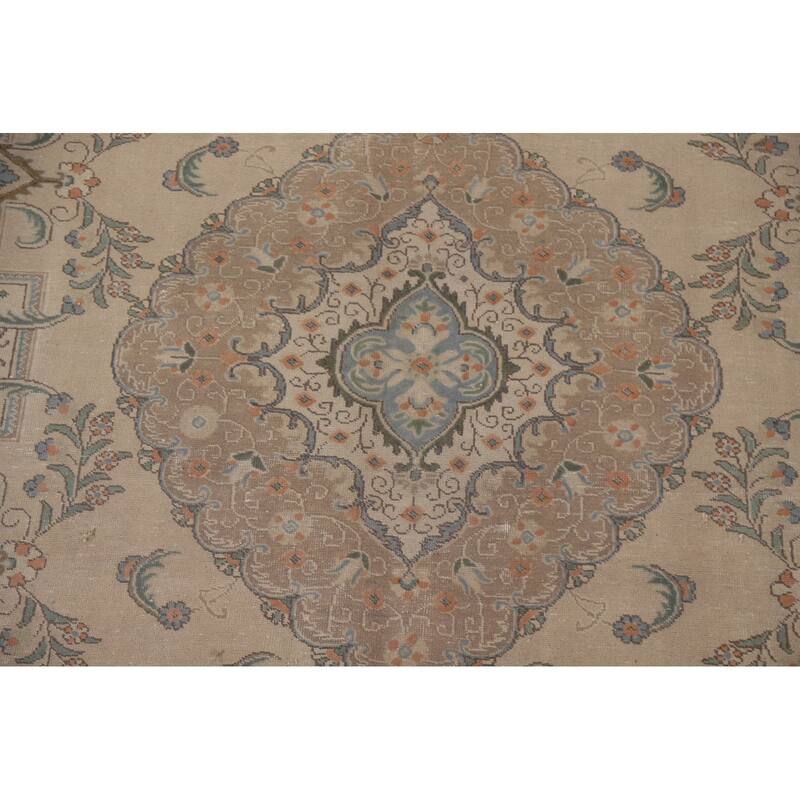 Hand Knotted Oriental 100% Wool Carpet Traditional Medallion Beige & Ivories Tabriz Area Rug - 12' 7'' X 9' 10''