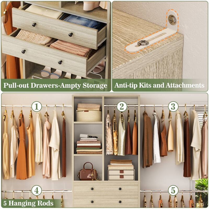 Closet Organizer with 5 Hanging Rods and 2 Drawers, Adjustable Closet System with Shelves and Shoe Rack