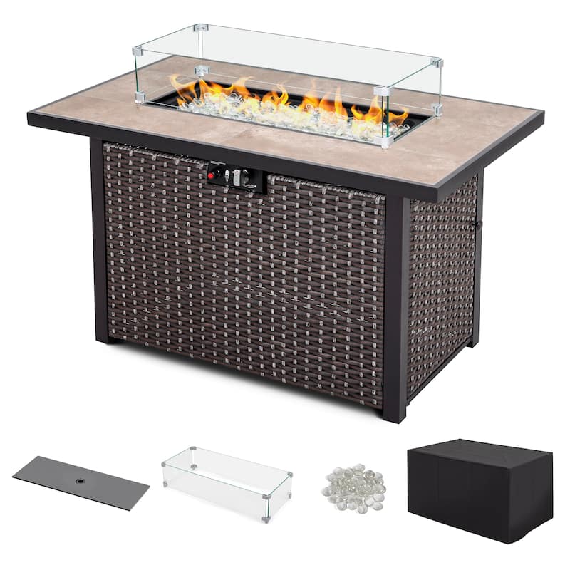 43 Inch Wicker Outdoor Firepit Table - Glass wind guard and Cover
