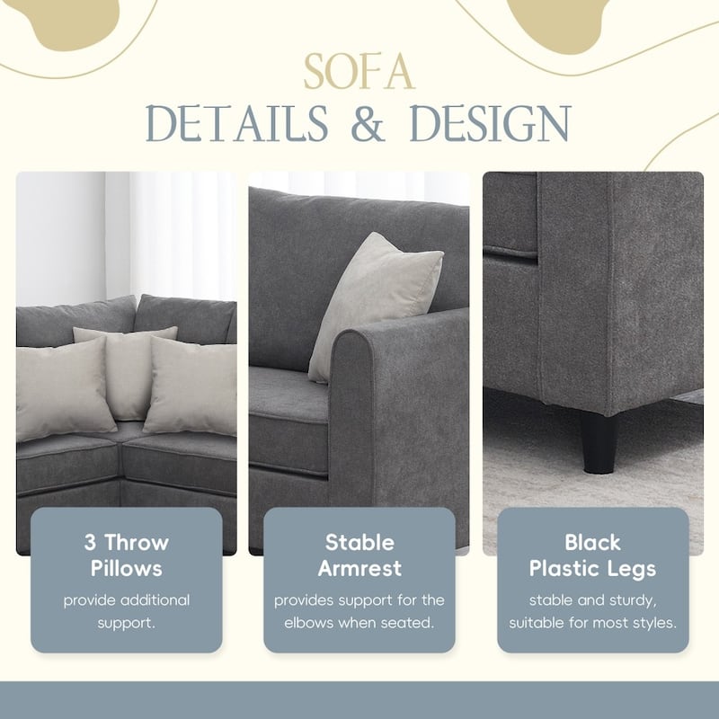 91" Modern Upholstered L-shaped Sectional Sofa with 3 Pillows for Living Room
