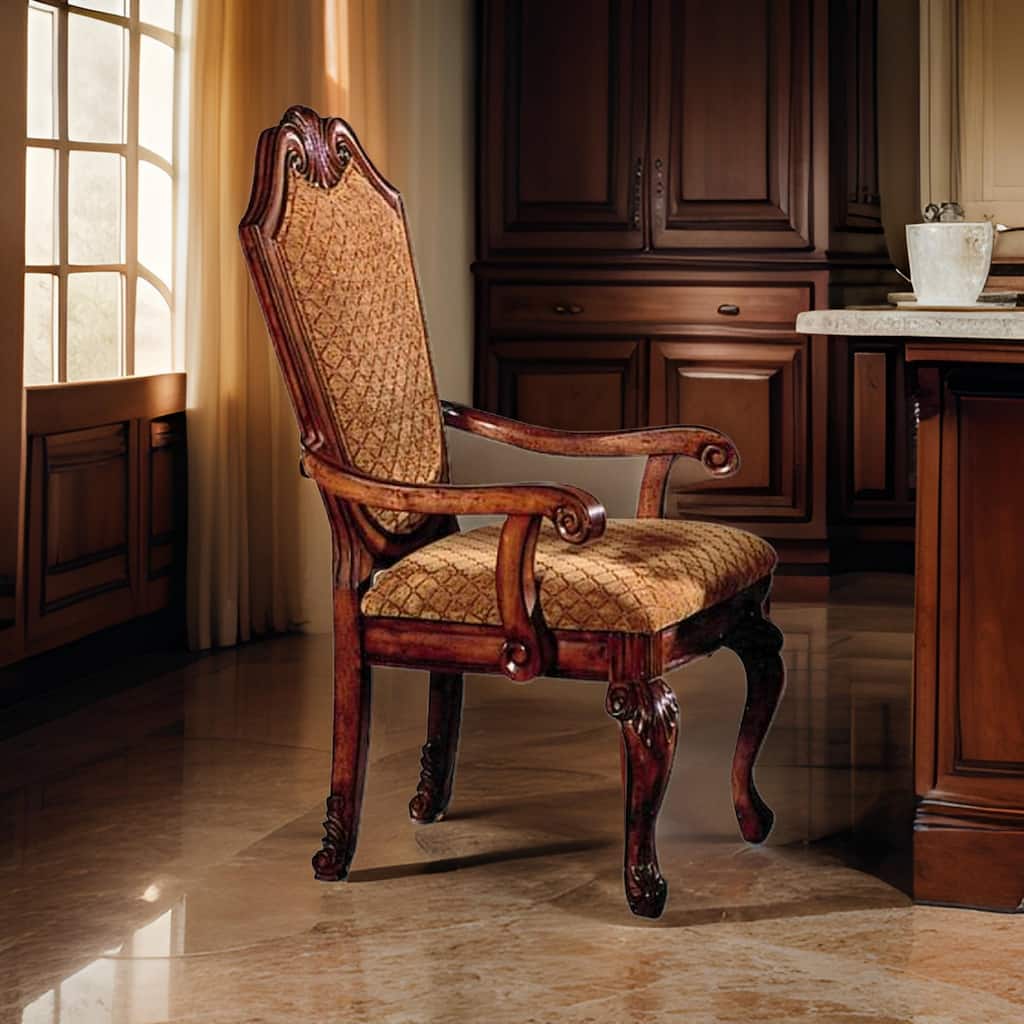 Arm Chair with Fabric Seat and Crown Top, Set of 2, Brown